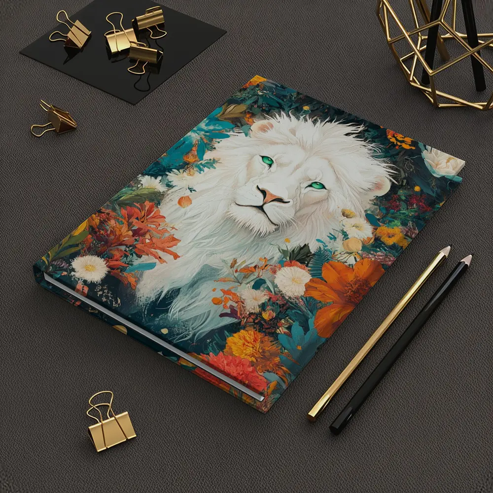 White Lion Green Eyes Floral Garden Art – Notebooks