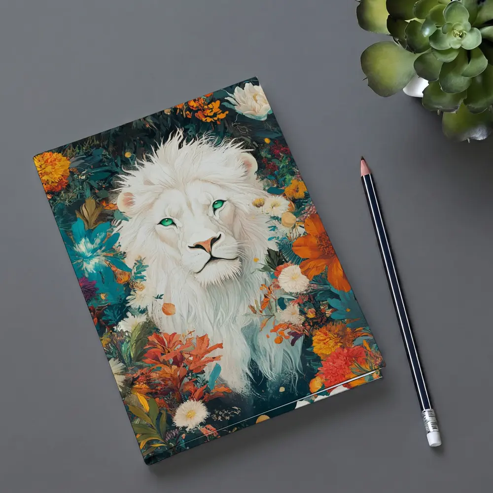 White Lion Green Eyes Floral Garden Art – Notebooks