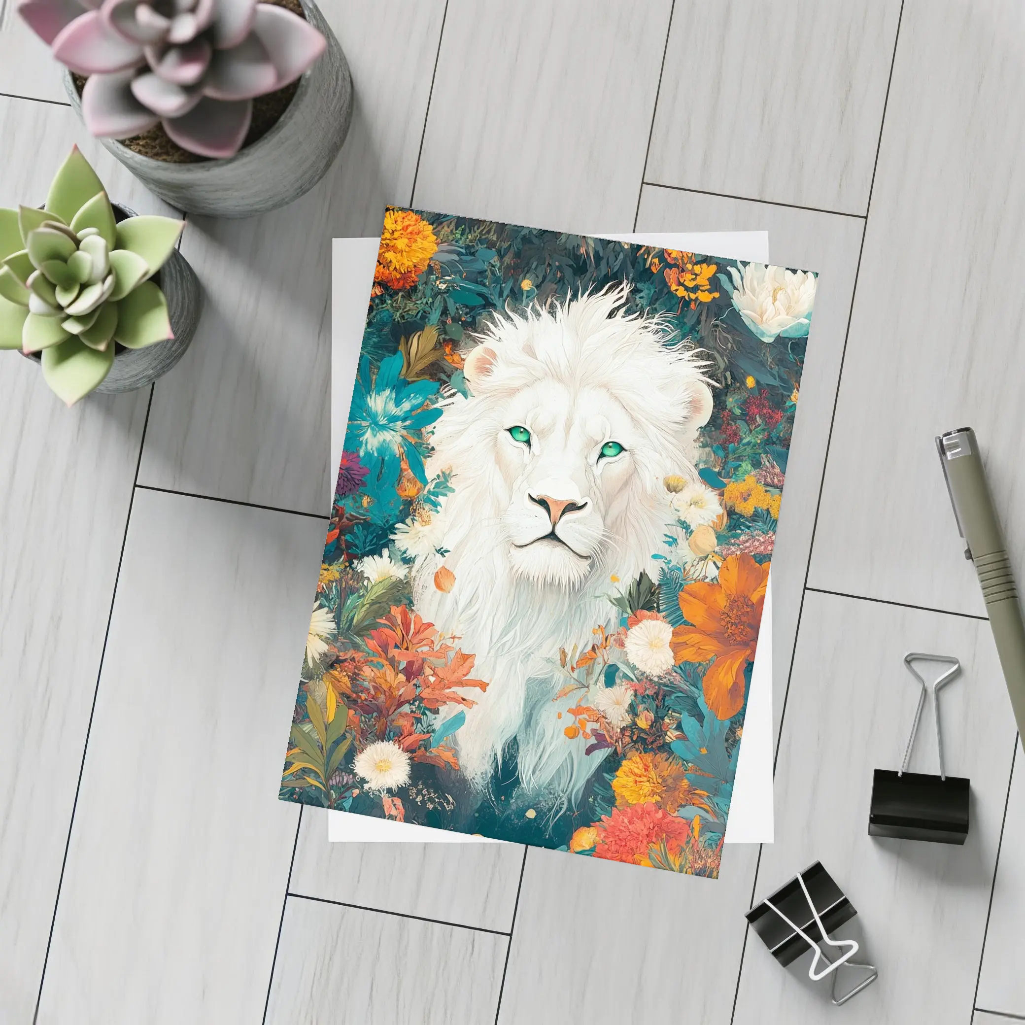White Lion Green Eyes Floral Garden Art – Postcards