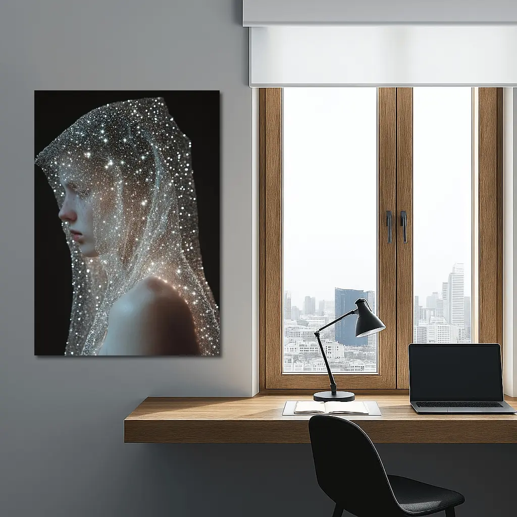 Woman Draped in Glittering Starlight Veil – Wall Art
