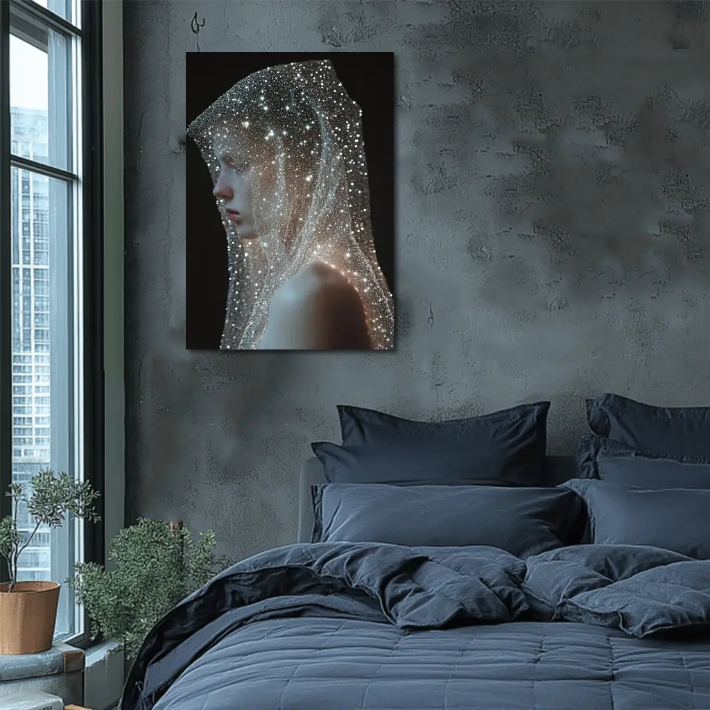 Woman Draped in Glittering Starlight Veil – Wall Art
