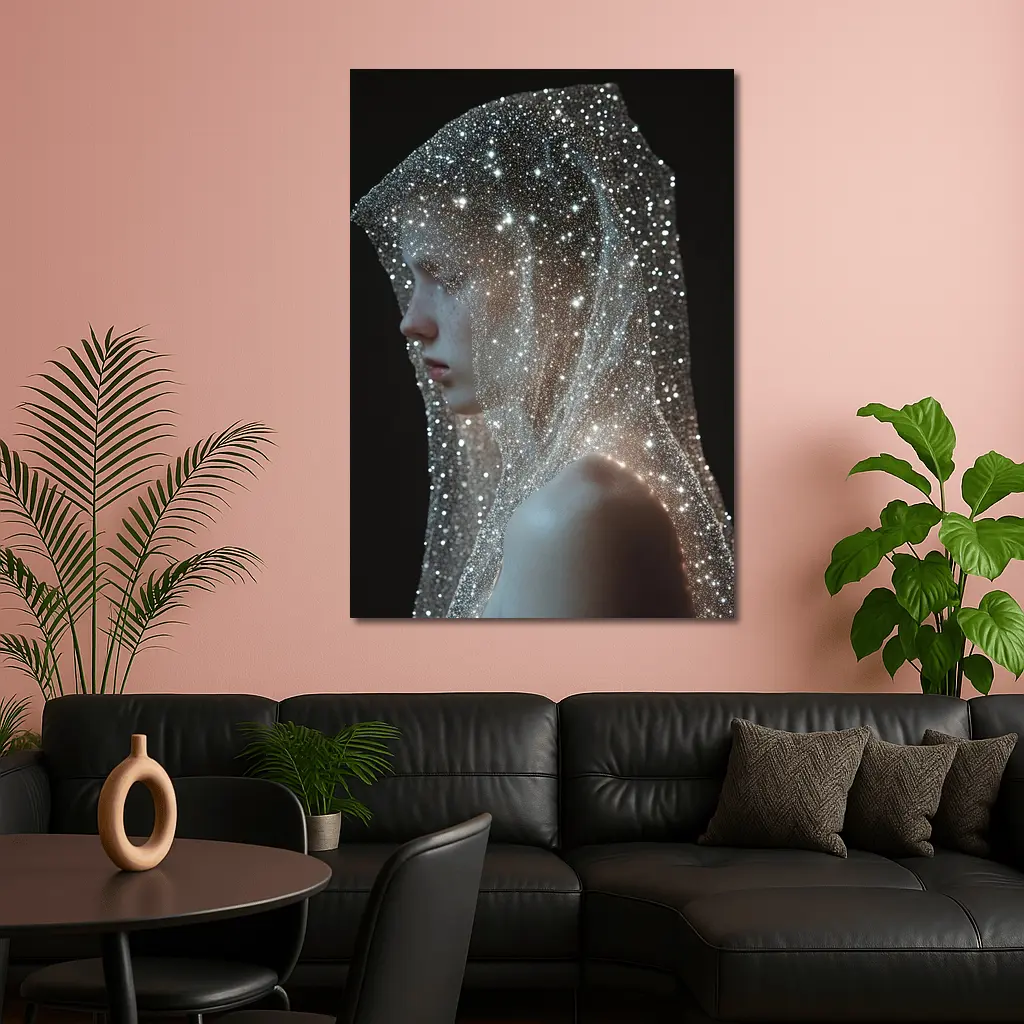Woman Draped in Glittering Starlight Veil – Wall Art