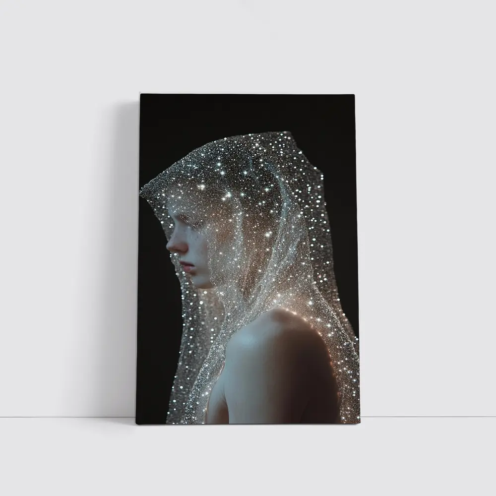Woman Draped in Glittering Starlight Veil – Wall Art