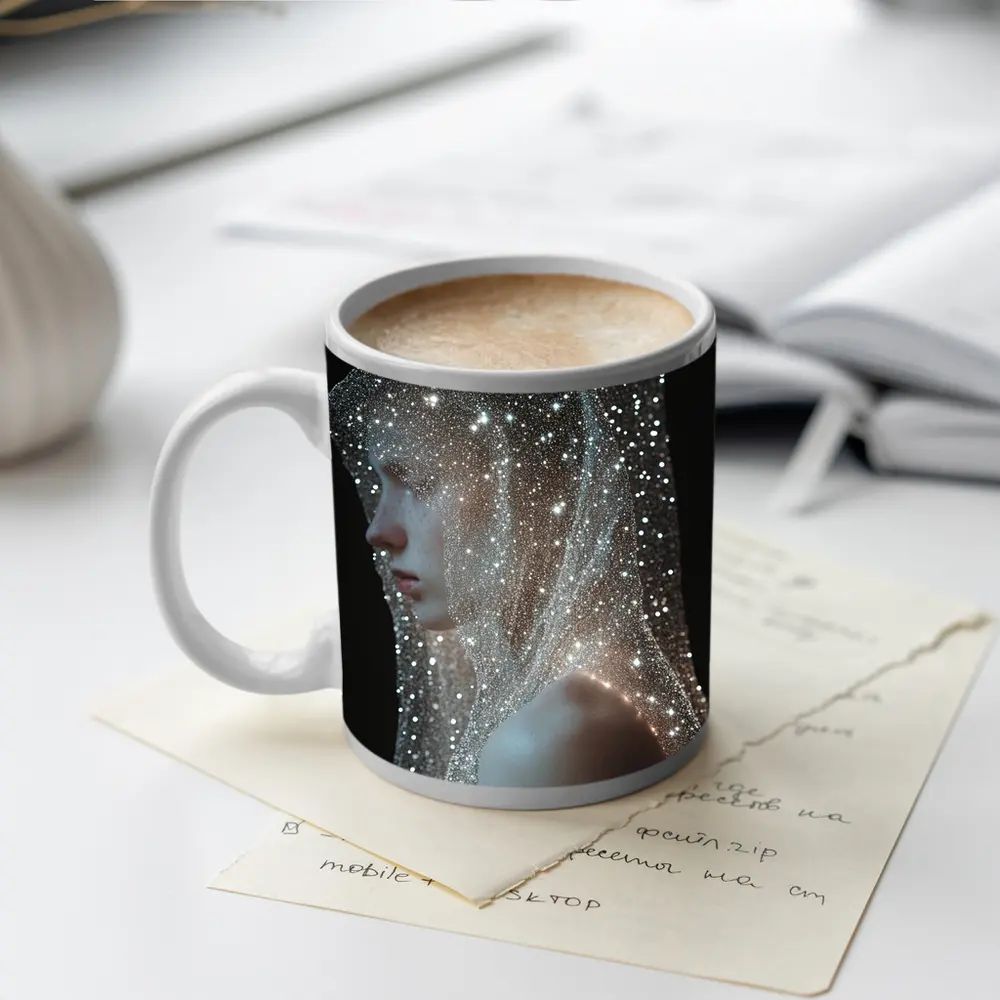 Woman Draped in Glittering Starlight Veil – Mugs