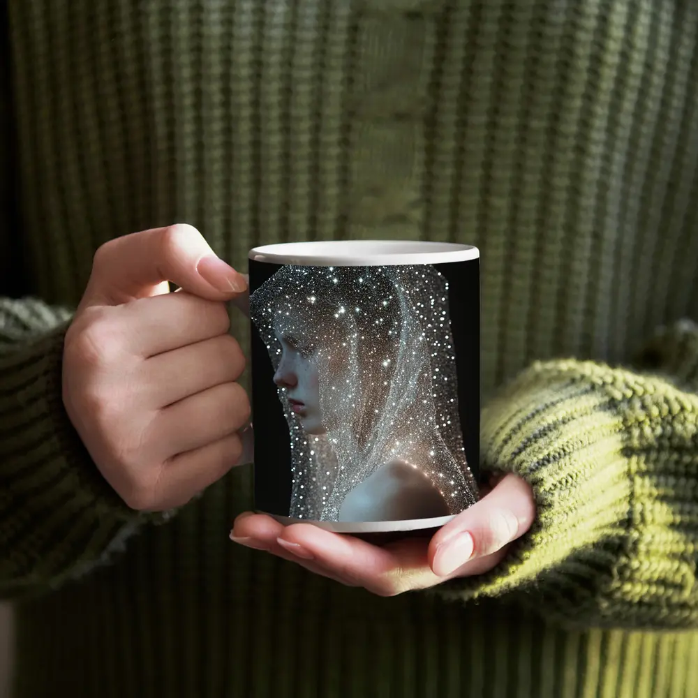 Woman Draped in Glittering Starlight Veil – Mugs