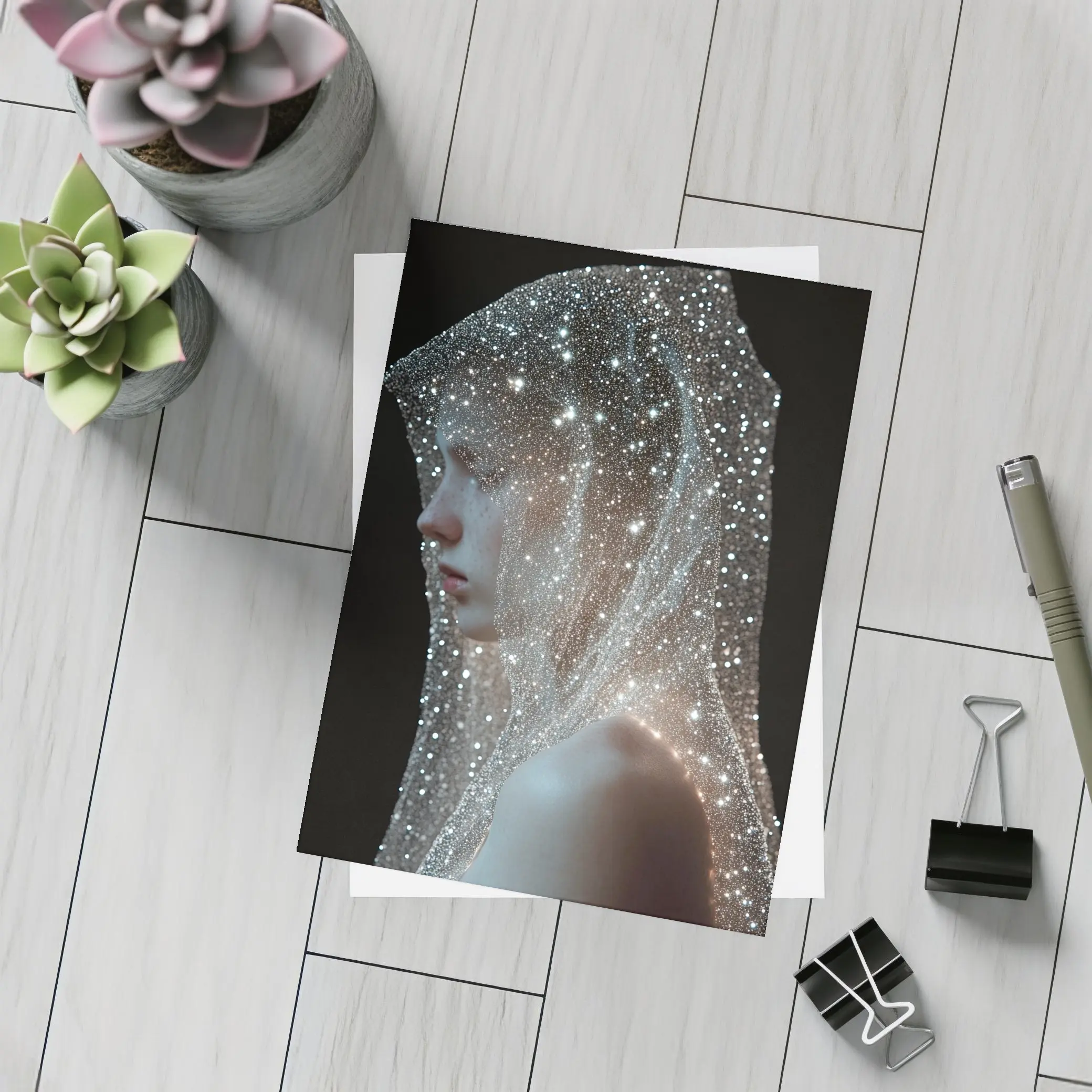 Woman Draped in Glittering Starlight Veil – Postcards