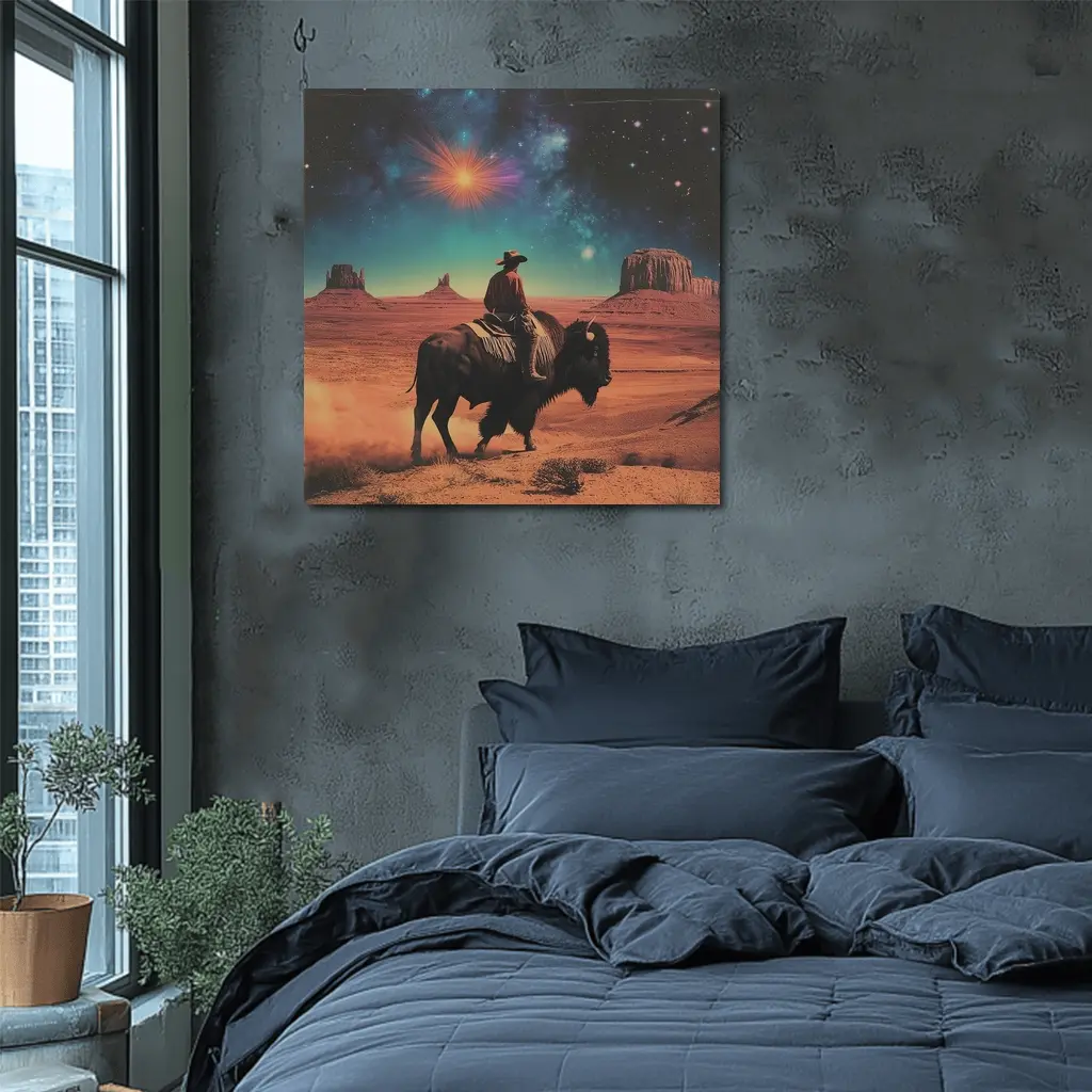Cowboy Riding Bison Desert Galaxy Sky – Wall Art