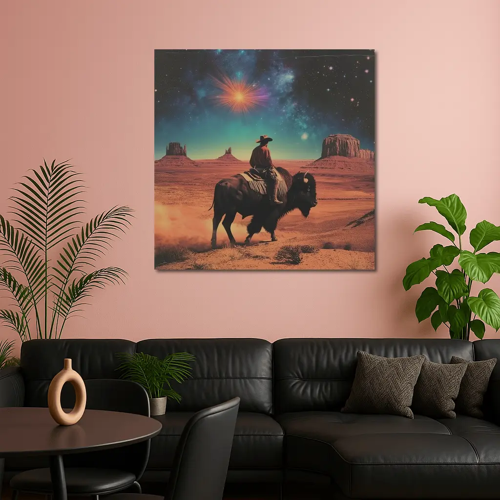 Cowboy Riding Bison Desert Galaxy Sky – Wall Art