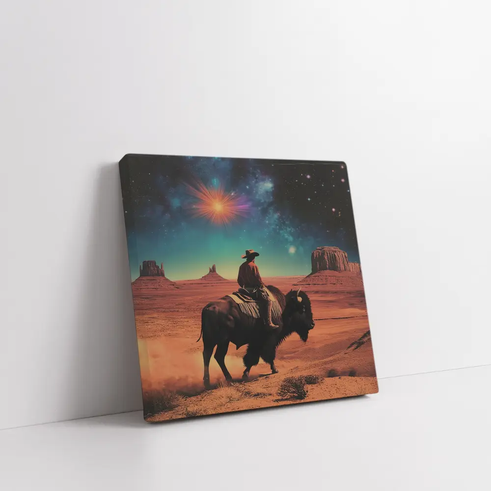 Cowboy Riding Bison Desert Galaxy Sky – Wall Art