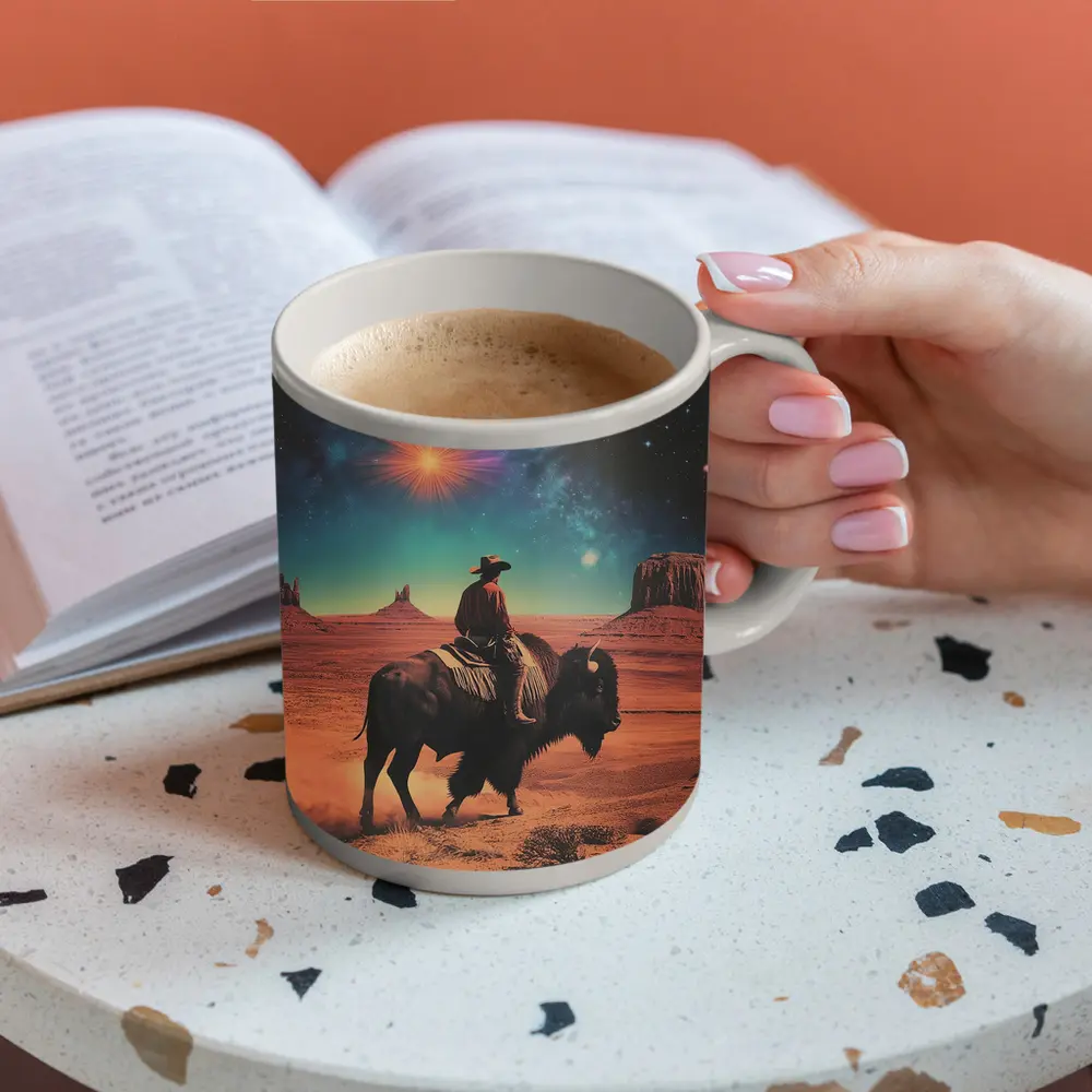 Cowboy Riding Bison Desert Galaxy Sky – Mugs