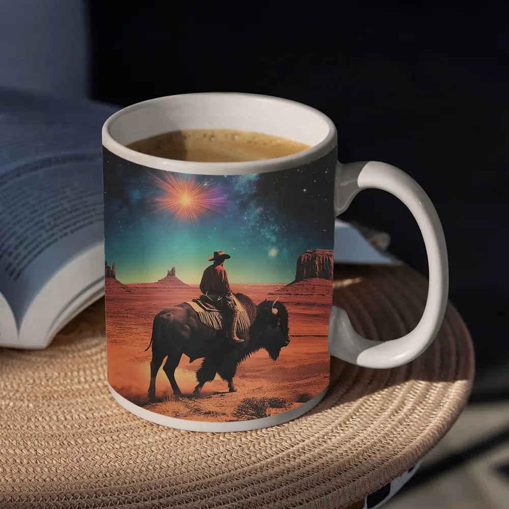 Cowboy Riding Bison Desert Galaxy Sky – Mugs