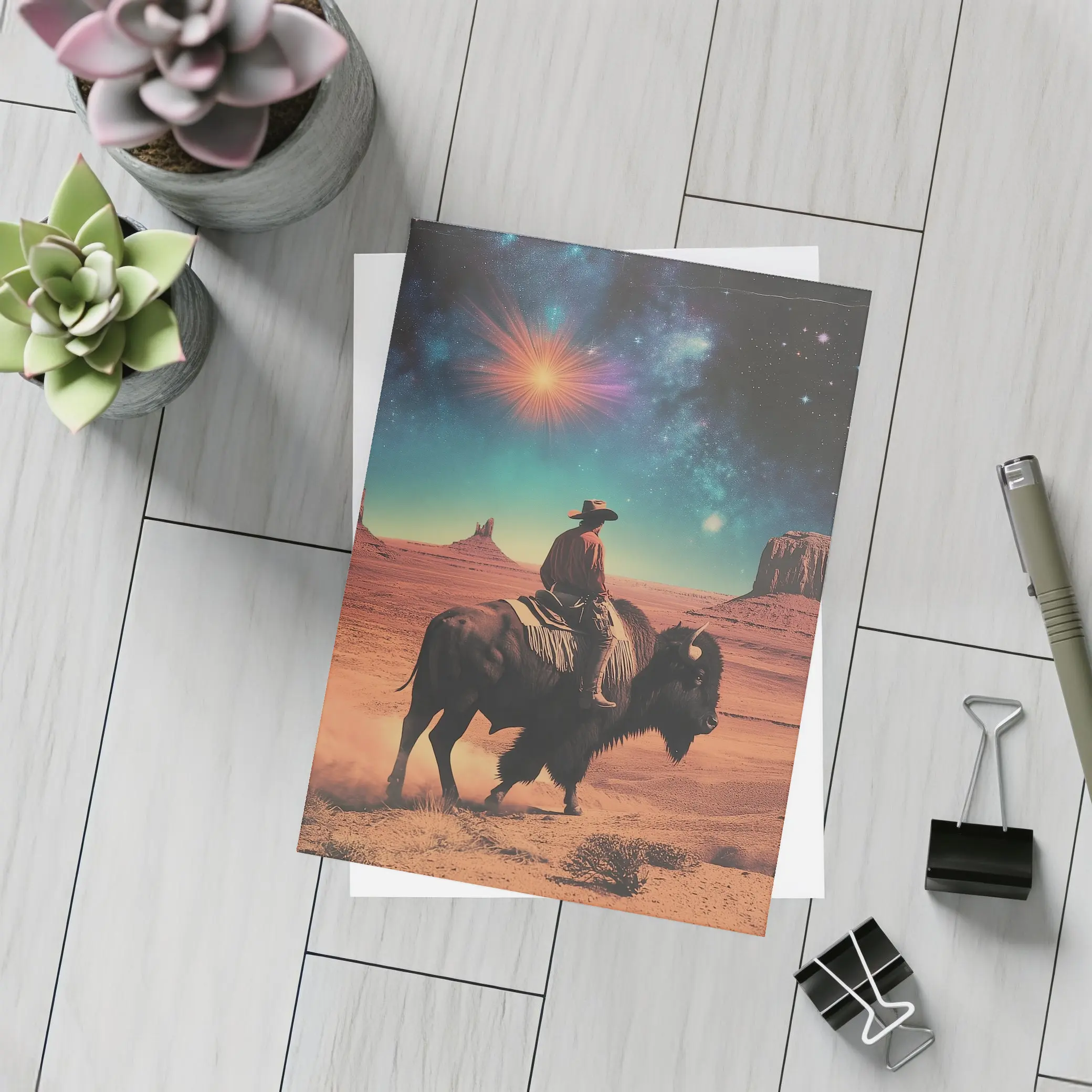 Cowboy Riding Bison Desert Galaxy Sky – Postcards