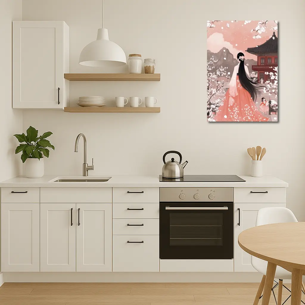 Korean Hanbok Woman Cherry Blossom Temple – Wall Art