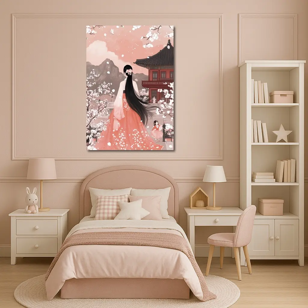 Korean Hanbok Woman Cherry Blossom Temple – Wall Art