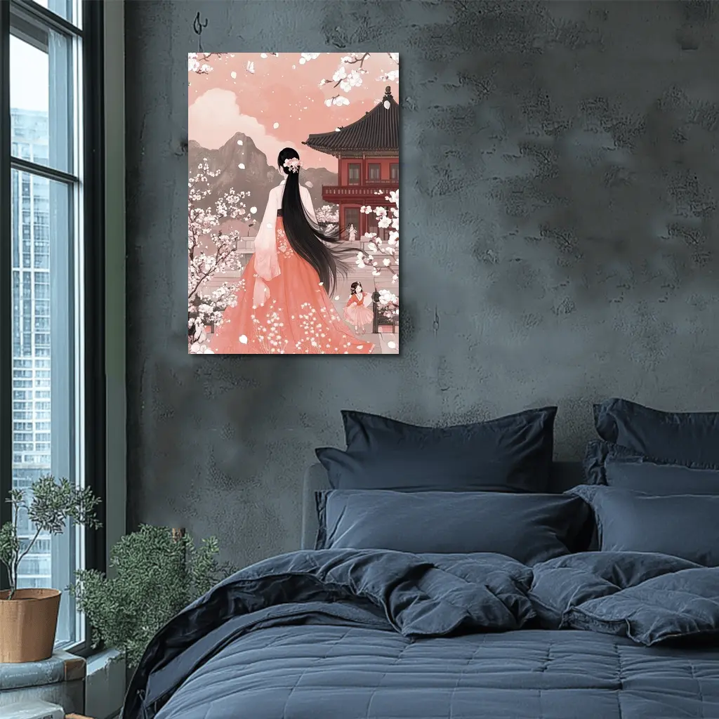 Korean Hanbok Woman Cherry Blossom Temple – Wall Art