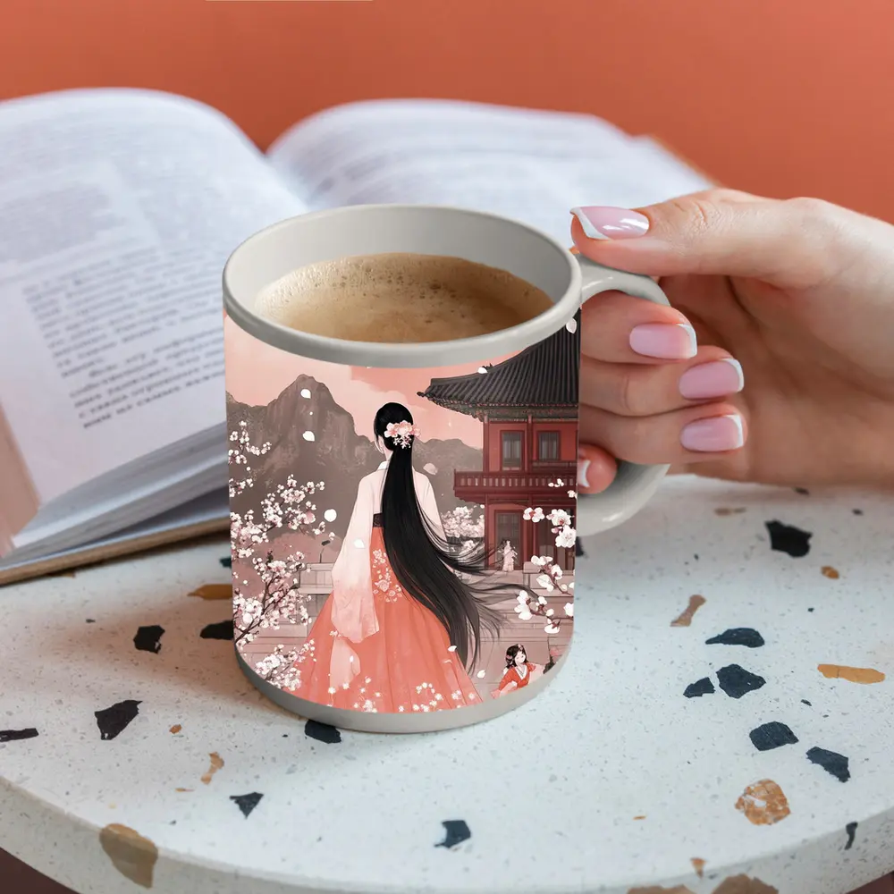 Korean Hanbok Woman Cherry Blossom Temple – Mugs