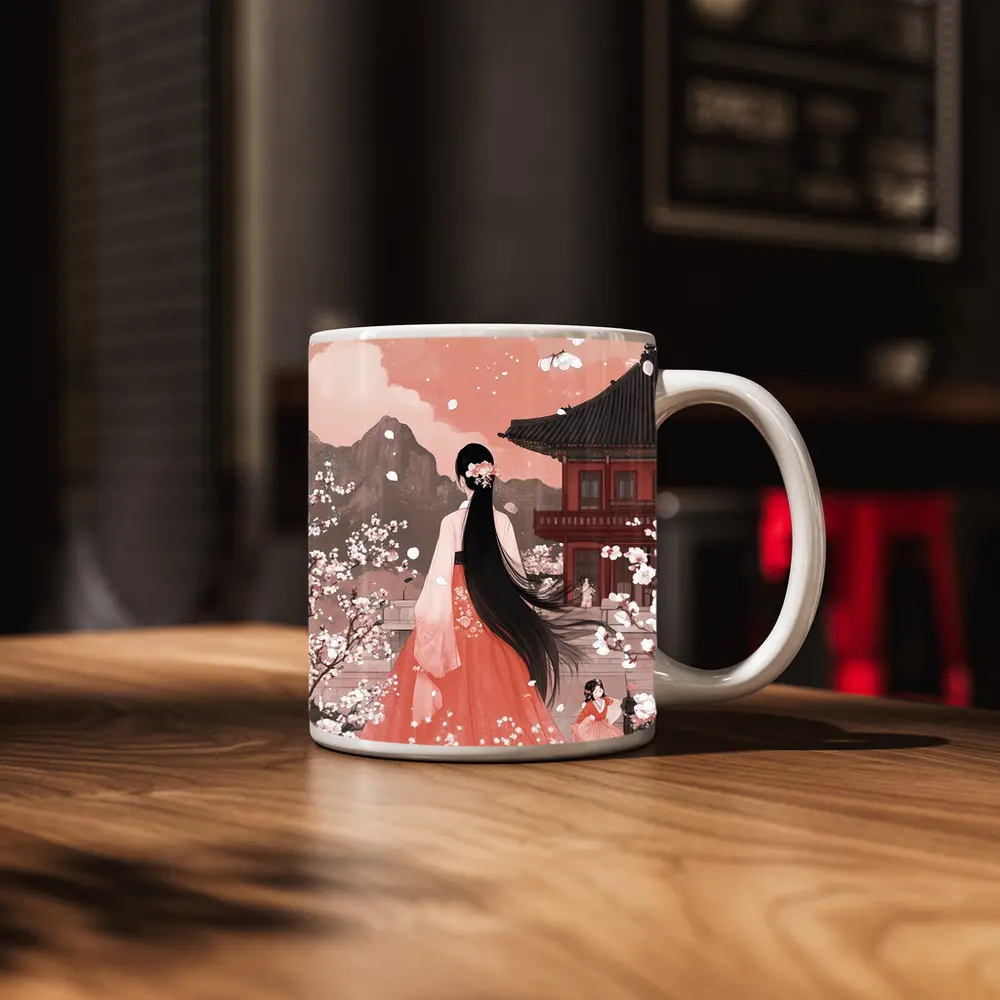 Korean Hanbok Woman Cherry Blossom Temple – Mugs