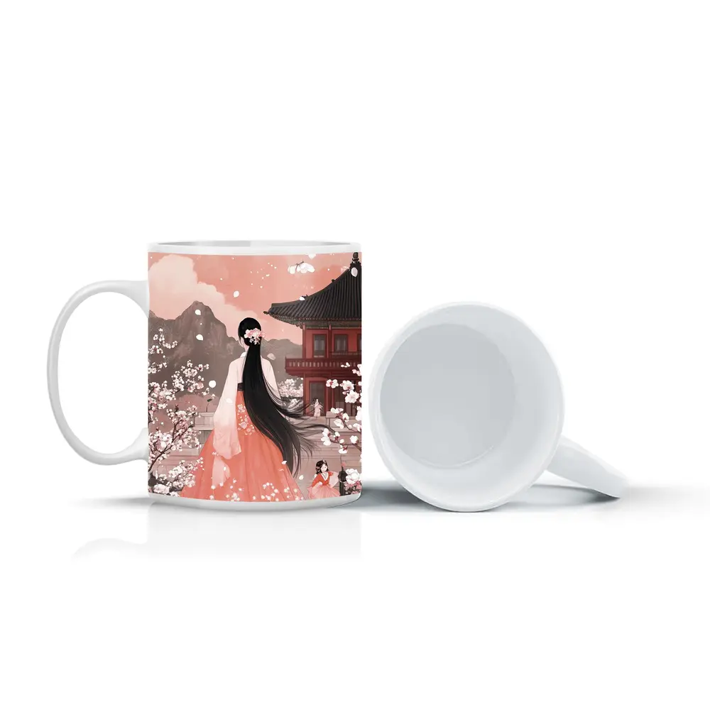Korean Hanbok Woman Cherry Blossom Temple – Mugs