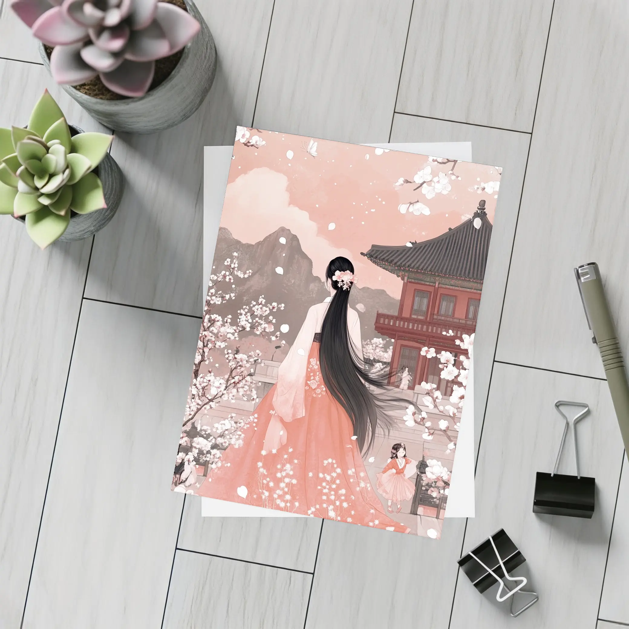 Korean Hanbok Woman Cherry Blossom Temple – Postcards