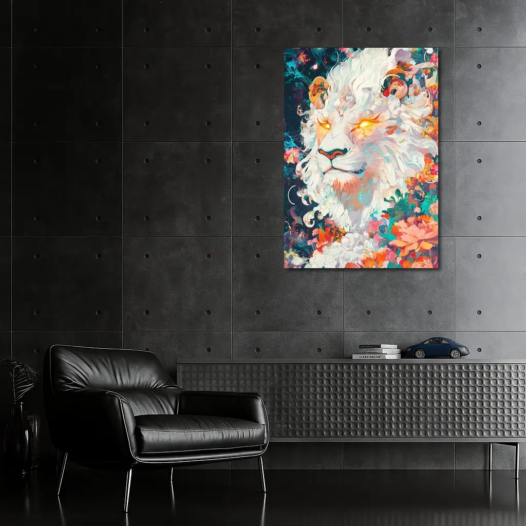White Lion Glowing Eyes Floral Fantasy Art – Wall Art