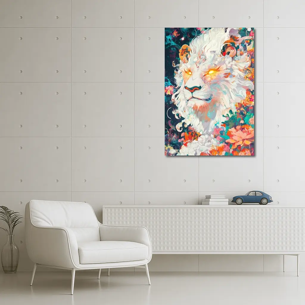 White Lion Glowing Eyes Floral Fantasy Art – Wall Art
