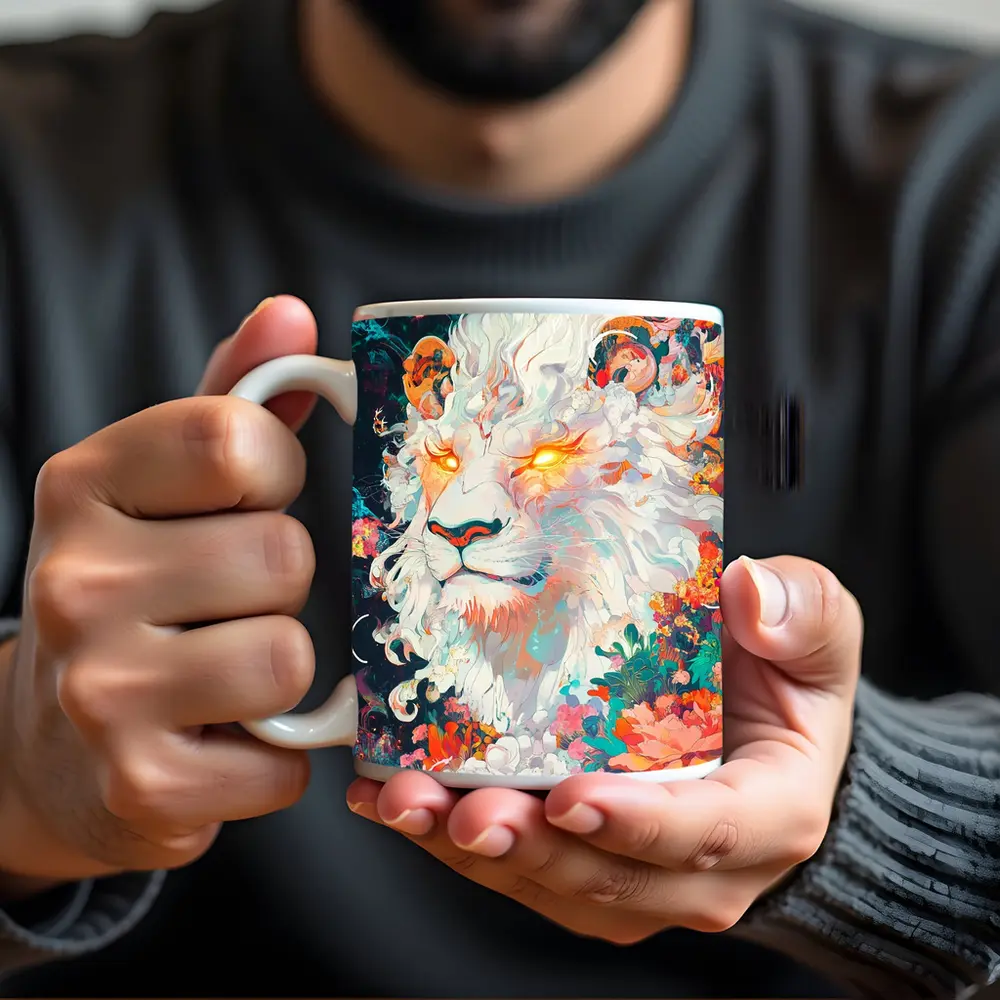 White Lion Glowing Eyes Floral Fantasy Art – Mugs