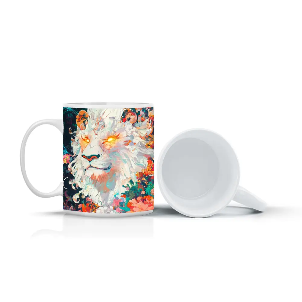 White Lion Glowing Eyes Floral Fantasy Art – Mugs