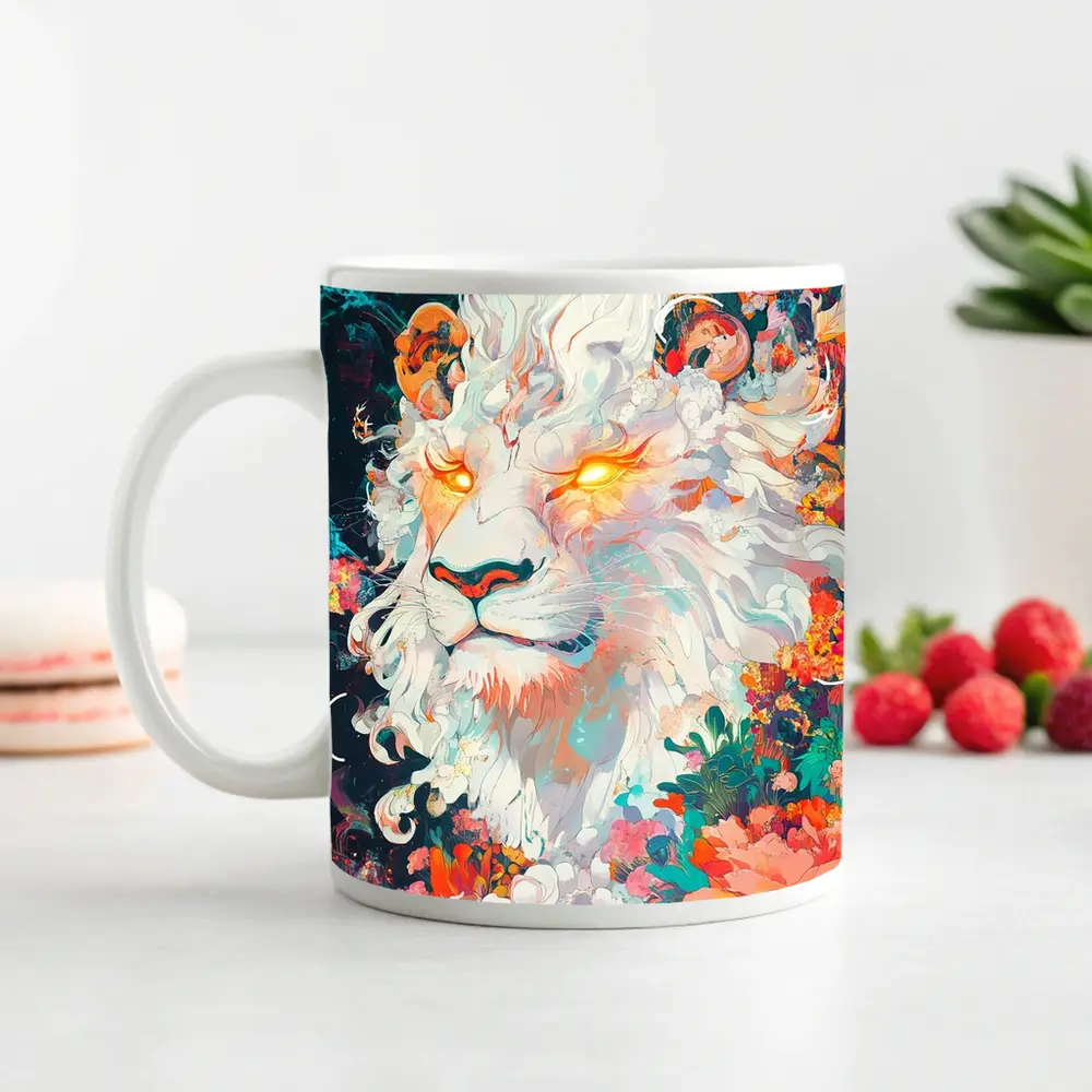 White Lion Glowing Eyes Floral Fantasy Art – Mugs
