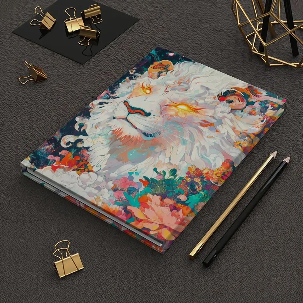 White Lion Glowing Eyes Floral Fantasy Art – Notebooks