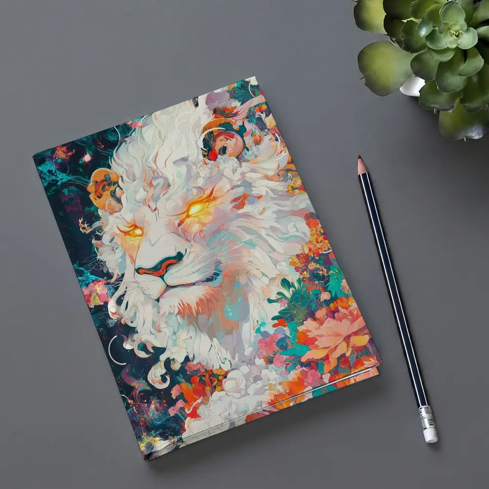 White Lion Glowing Eyes Floral Fantasy Art – Notebooks