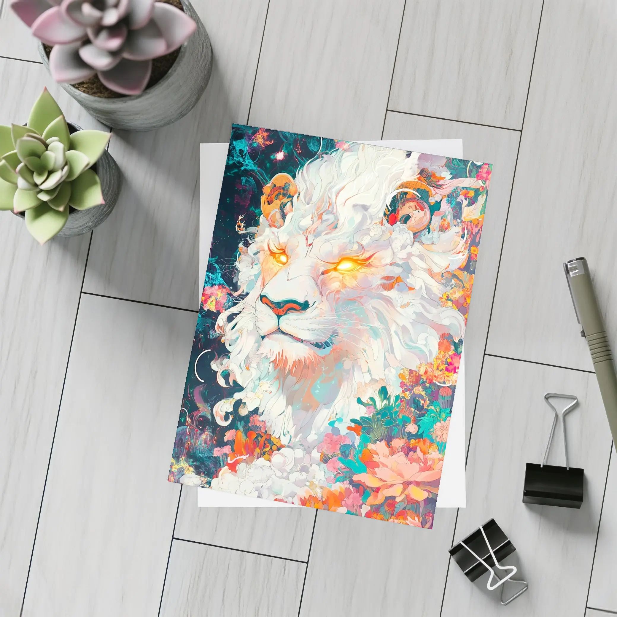 White Lion Glowing Eyes Floral Fantasy Art – Postcards