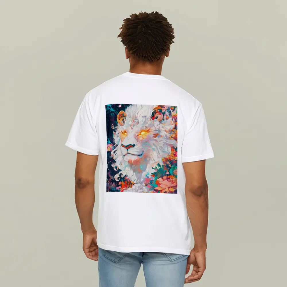 White Lion Glowing Eyes Floral Fantasy Art – T-Shirts