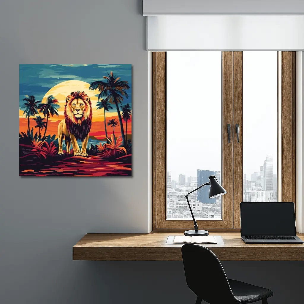 Lion Standing Tropical Sunset Palm Trees – Wall Art
