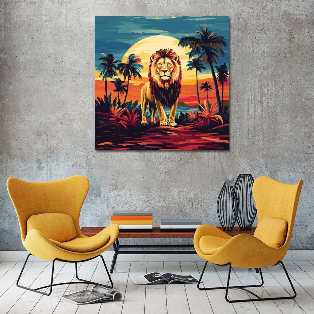 Lion Standing Tropical Sunset Palm Trees – Wall Art