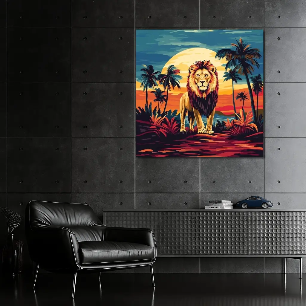 Lion Standing Tropical Sunset Palm Trees – Wall Art