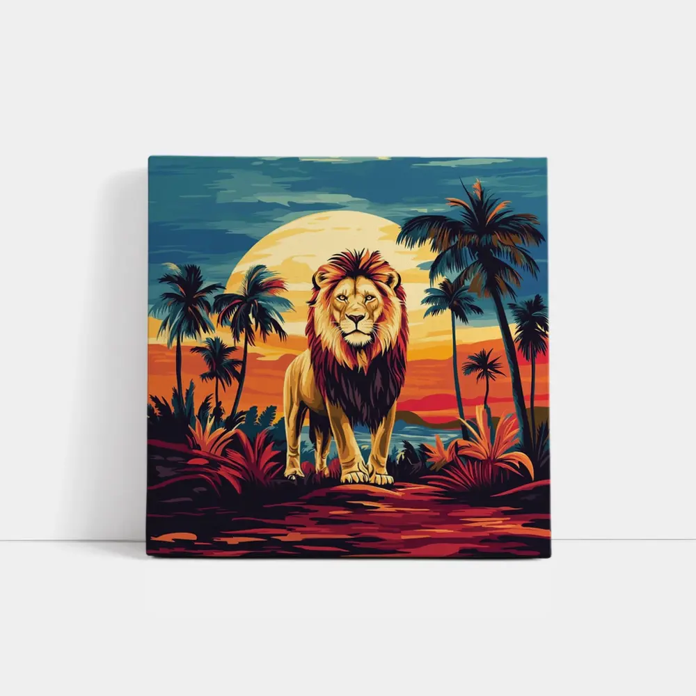 Lion Standing Tropical Sunset Palm Trees – Wall Art