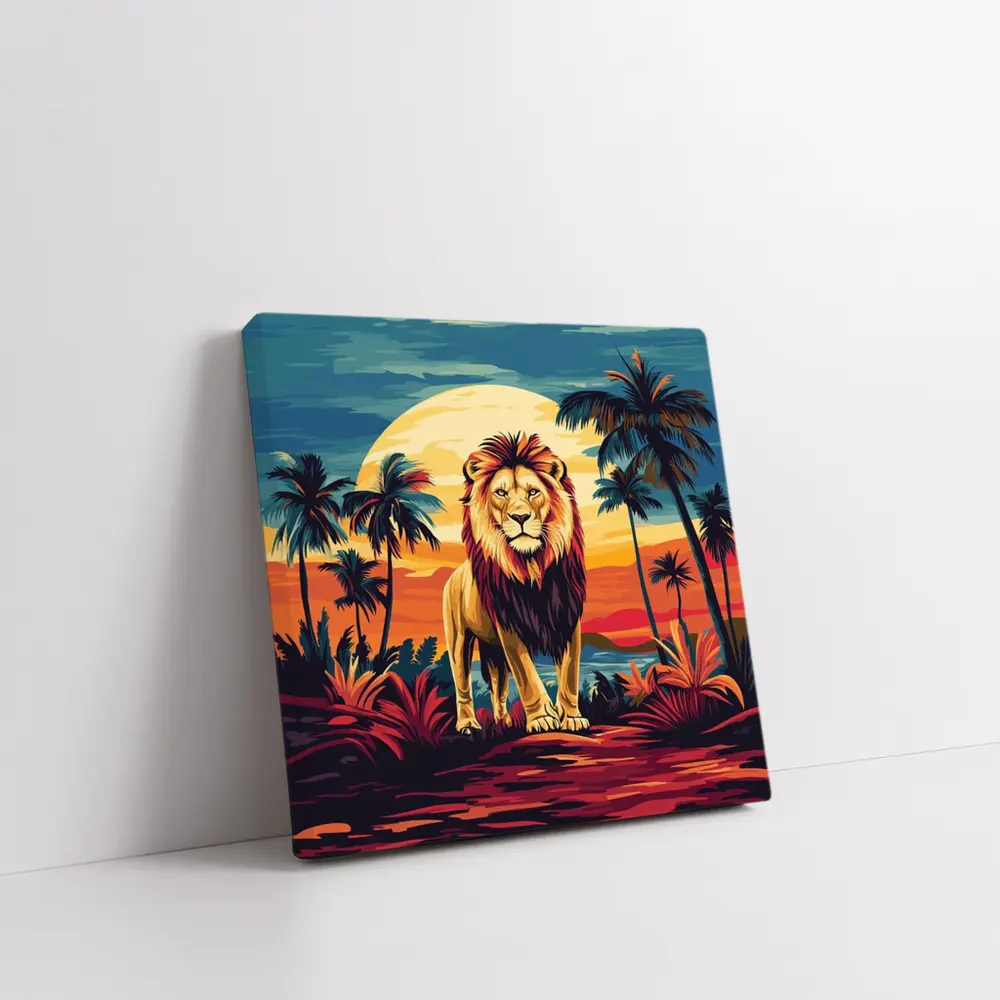 Lion Standing Tropical Sunset Palm Trees – Wall Art