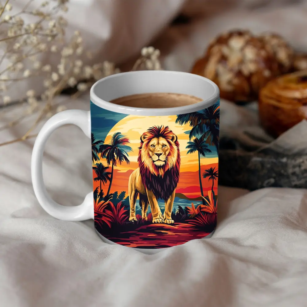 Lion Standing Tropical Sunset Palm Trees – Mugs