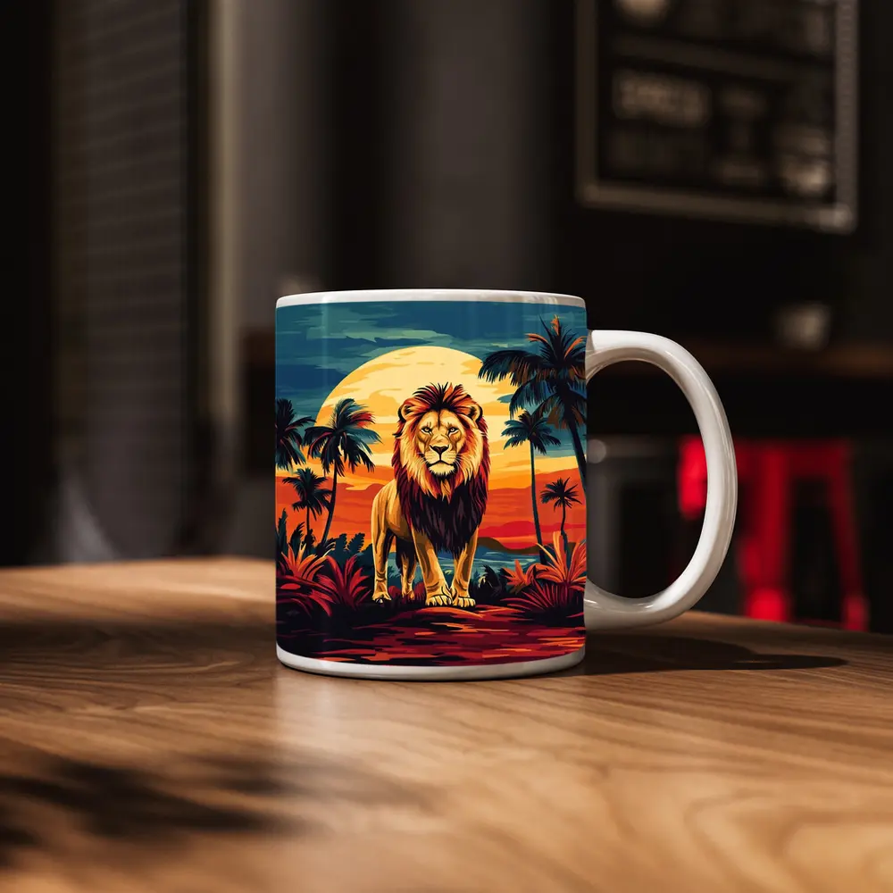 Lion Standing Tropical Sunset Palm Trees – Mugs
