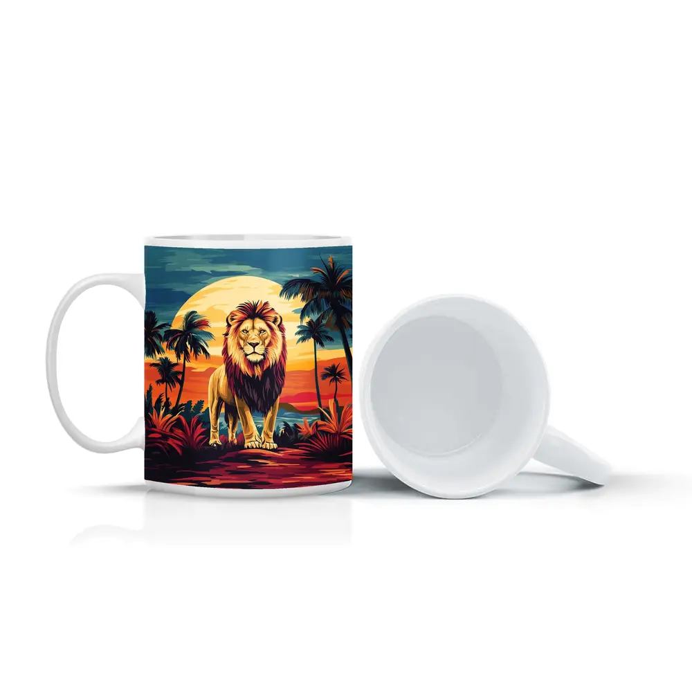 Lion Standing Tropical Sunset Palm Trees – Mugs