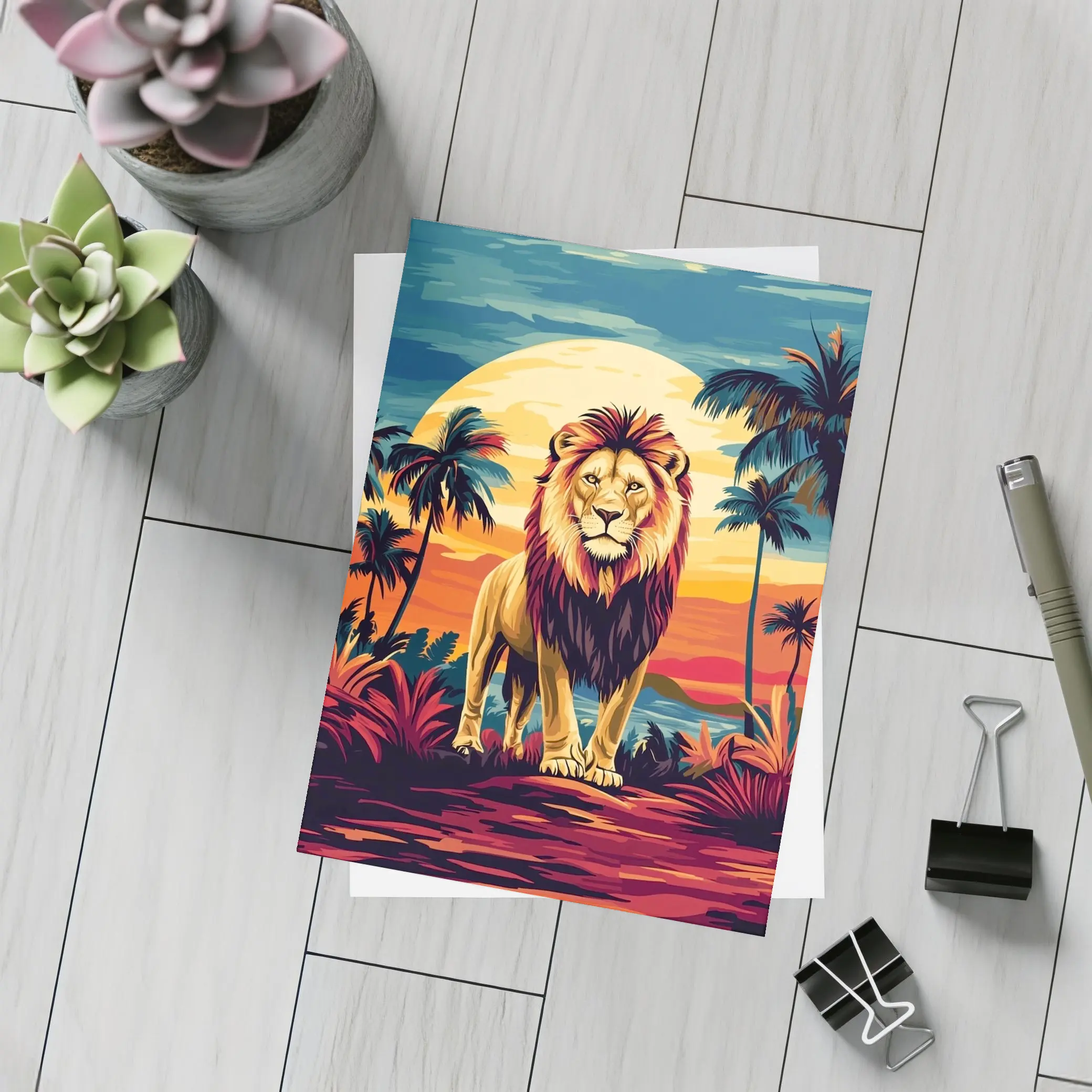 Lion Standing Tropical Sunset Palm Trees – Postcards