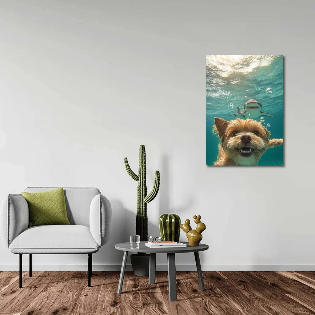 Terrier Dog Selfie Underwater With Shark – Wall Art