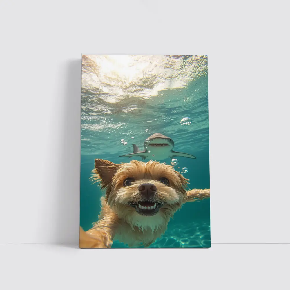 Terrier Dog Selfie Underwater With Shark – Wall Art