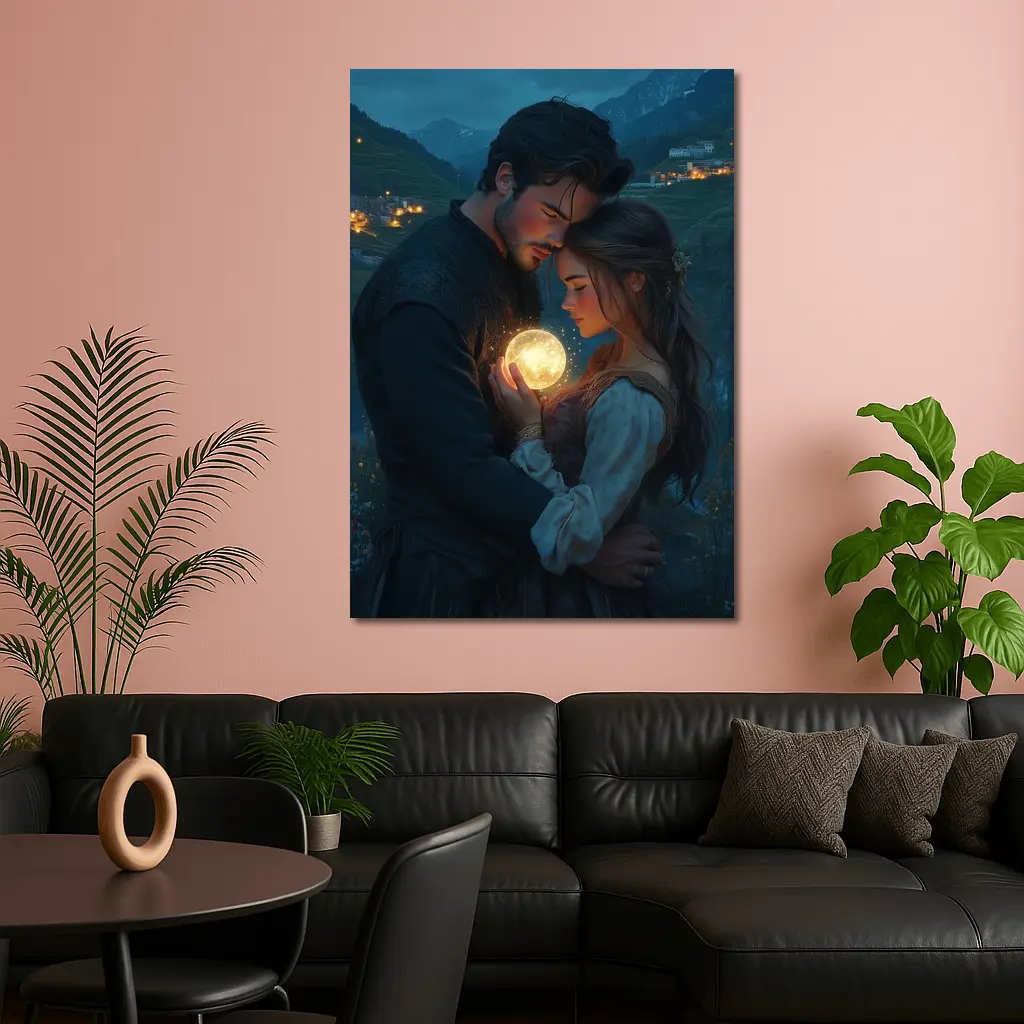 Couple Embracing Glowing Orb Mountain Village Night – Wall Art