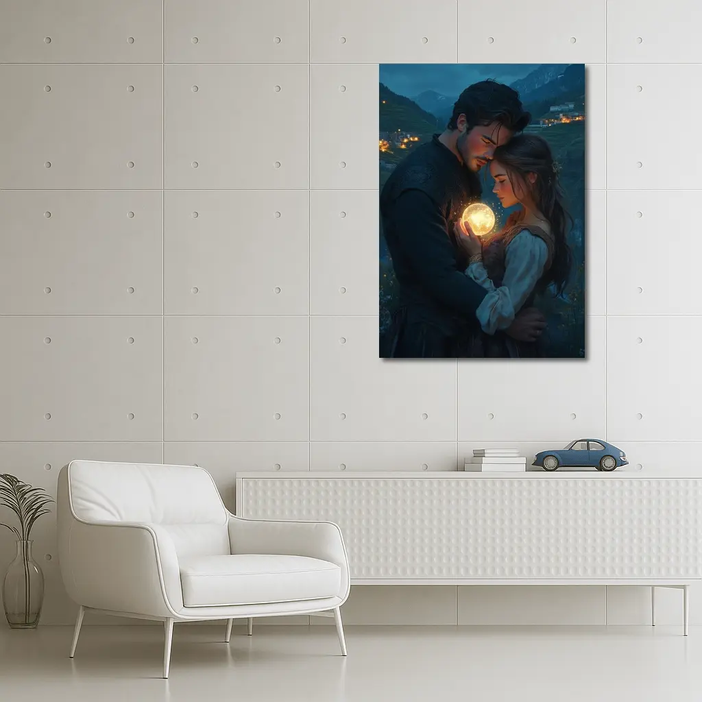Couple Embracing Glowing Orb Mountain Village Night – Wall Art