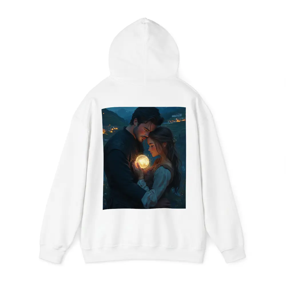 Couple Embracing Glowing Orb Mountain Village Night – Hoodies