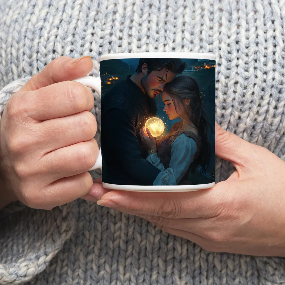Couple Embracing Glowing Orb Mountain Village Night – Mugs