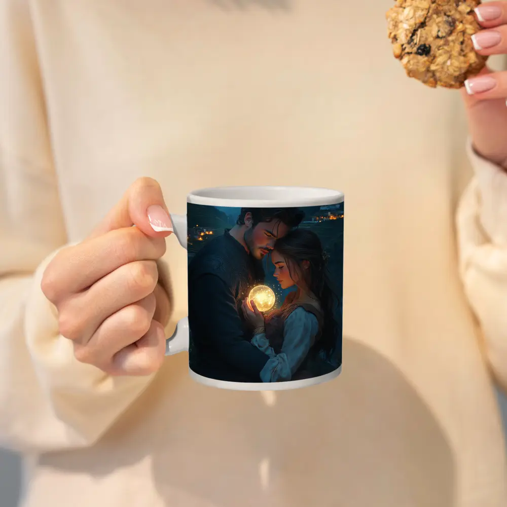 Couple Embracing Glowing Orb Mountain Village Night – Mugs