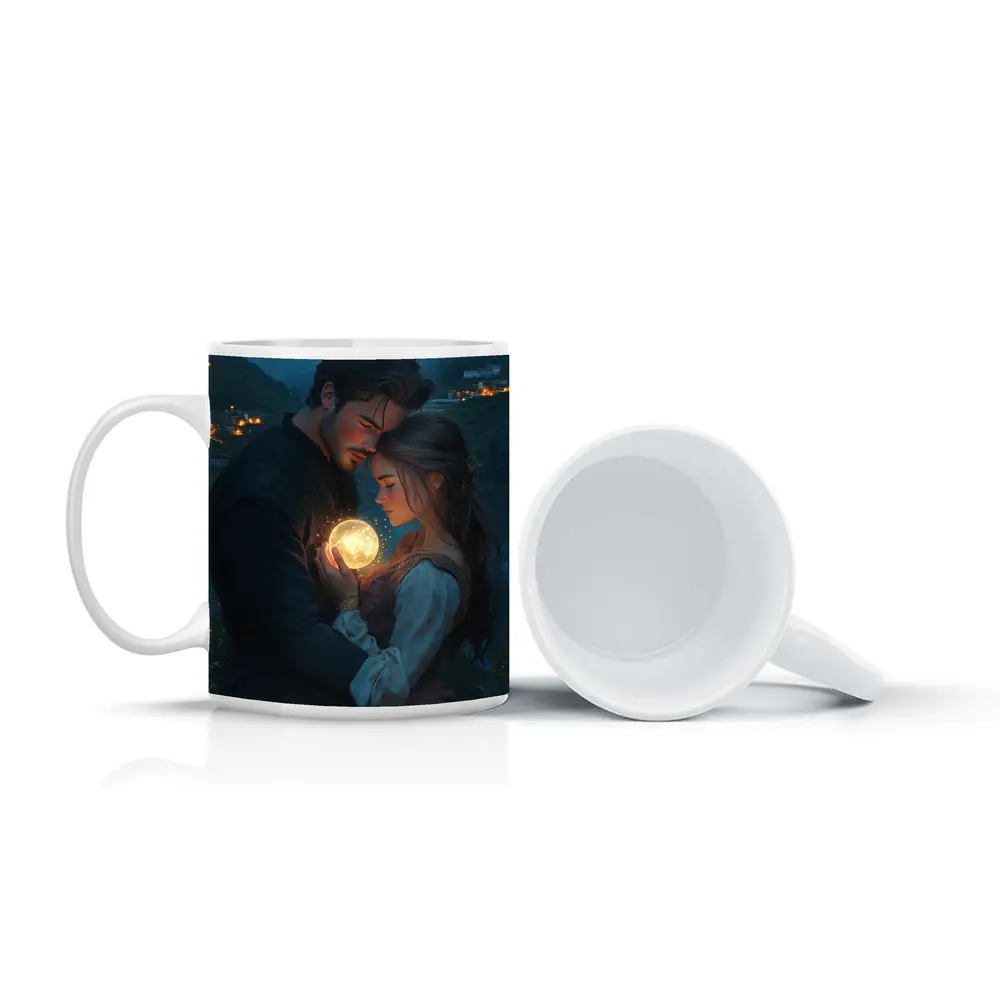 Couple Embracing Glowing Orb Mountain Village Night – Mugs