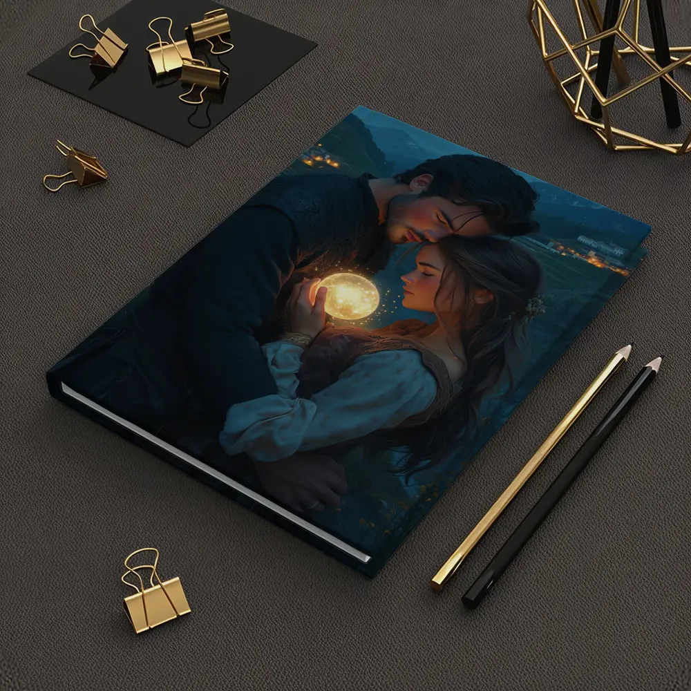Couple Embracing Glowing Orb Mountain Village Night – Notebooks